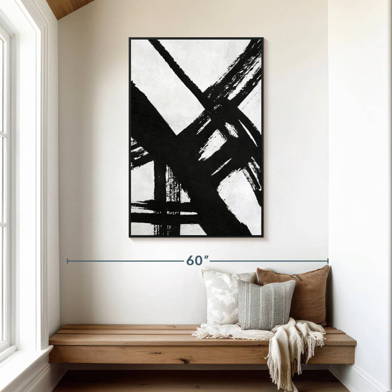 Encre noire stries VI, 31 po x 46 po, Cadre flottant noir
