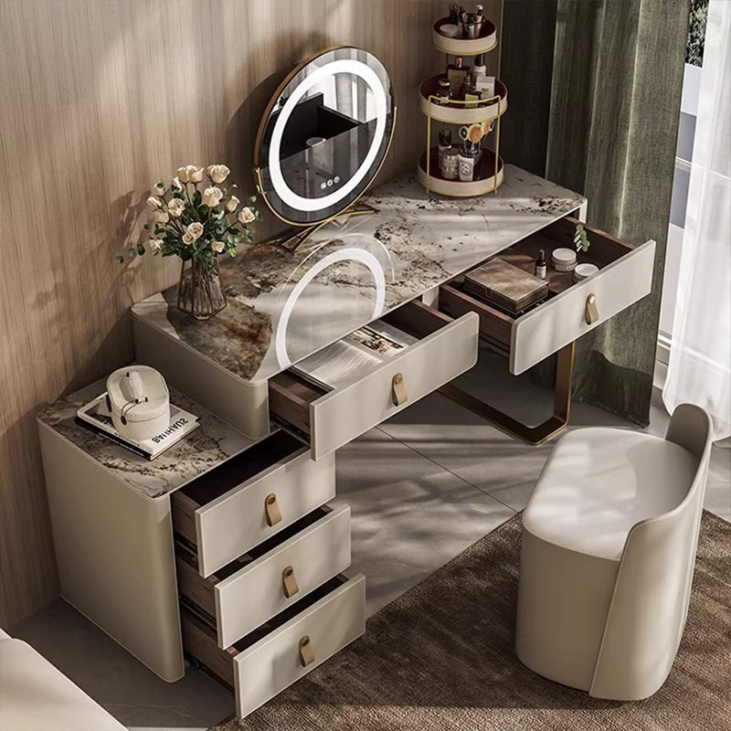 Coiffeuse avec miroir lumineux, 5 tiroirs, 1 chaise