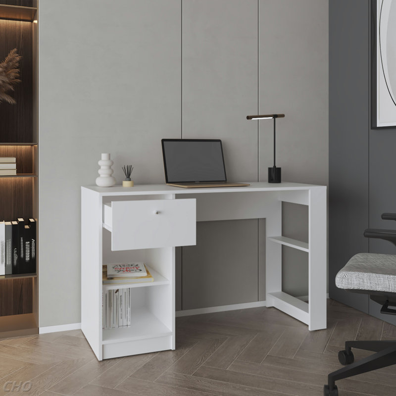 Bureau d'ordinateur, 1 tiroir, 2 tablettes, Blanc