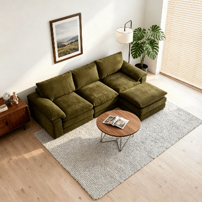 Canapé modulaire en L Chenille avec repose-pieds mobile, siège modulaire en mousse haute densité 32D pour salon