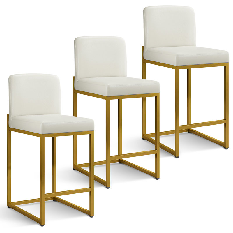  Catharinus White Counter Stool with Golden Sled Base & Faux Leather Footrest (Set of 3)