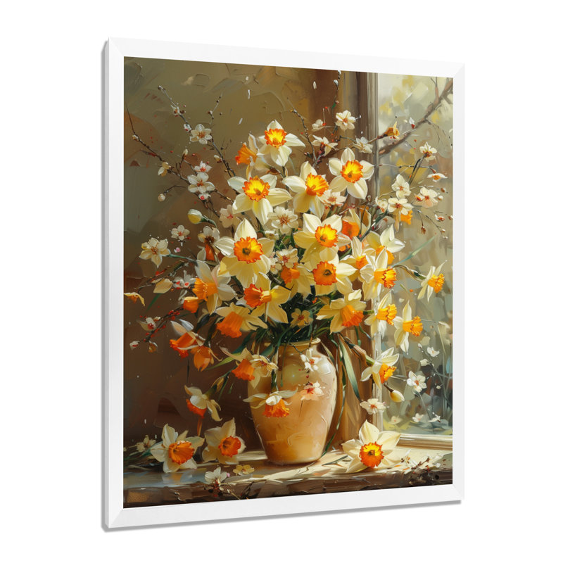 Jaune et blanc, charme féminin, jonquilles - décoration murale jonquilles, Cadre flottant blanc, H 34 po x l 44 po
