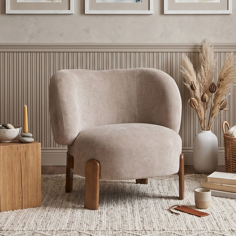 Fauteuil d'appoint à oreilles rembourré avec assise coussinée et pieds en bois massif, Light Brown