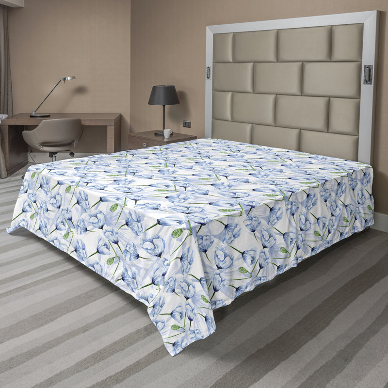 Drap plat floral bleu tendres fleurs romantiques bleu ciel pâle et blanc, Drap plat grand