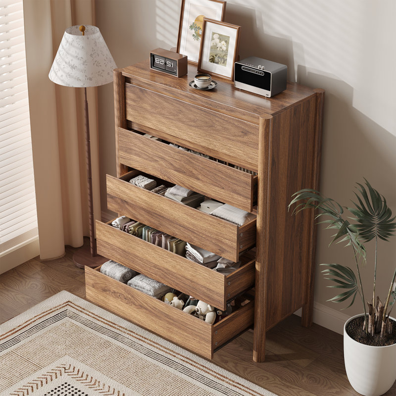 Commode 5 tiroirs Hingham 45,3 ", commode en bois pour chambre à coucher, salon, brun, Brun