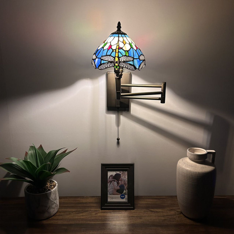 Tiffany Sconce Lamp Swing Arm Stained Glass Dragonfly Pull Chain Switch 13”W*8”D*15”H, Navy