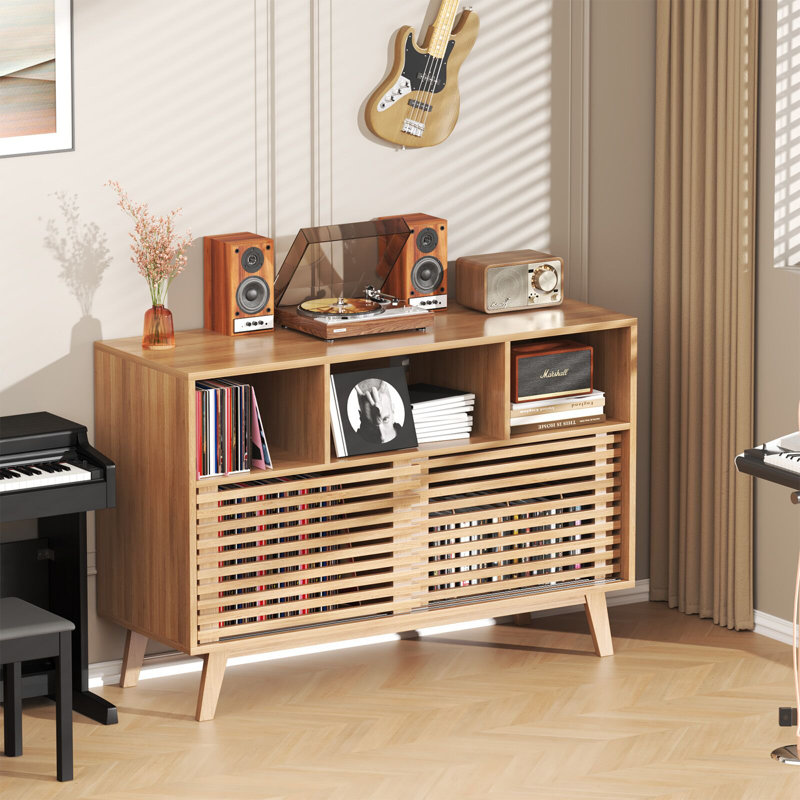 Support pour tourne-disque l 47,2 po avec portes coulissantes, vitrine de rangement pour disques vinyles, support pour tourne-disque Mid-Century