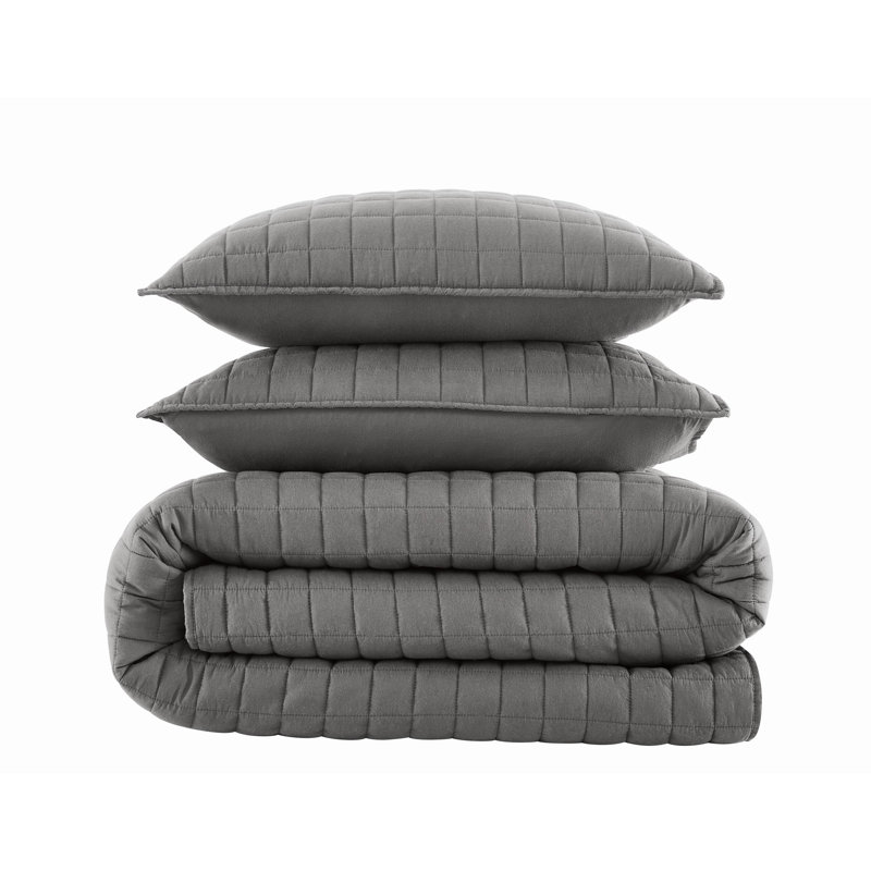 Brooklyn Loom Essential Cotton Quilt Set, Gray, Twin Extra Long Quilt  + 1 Sham