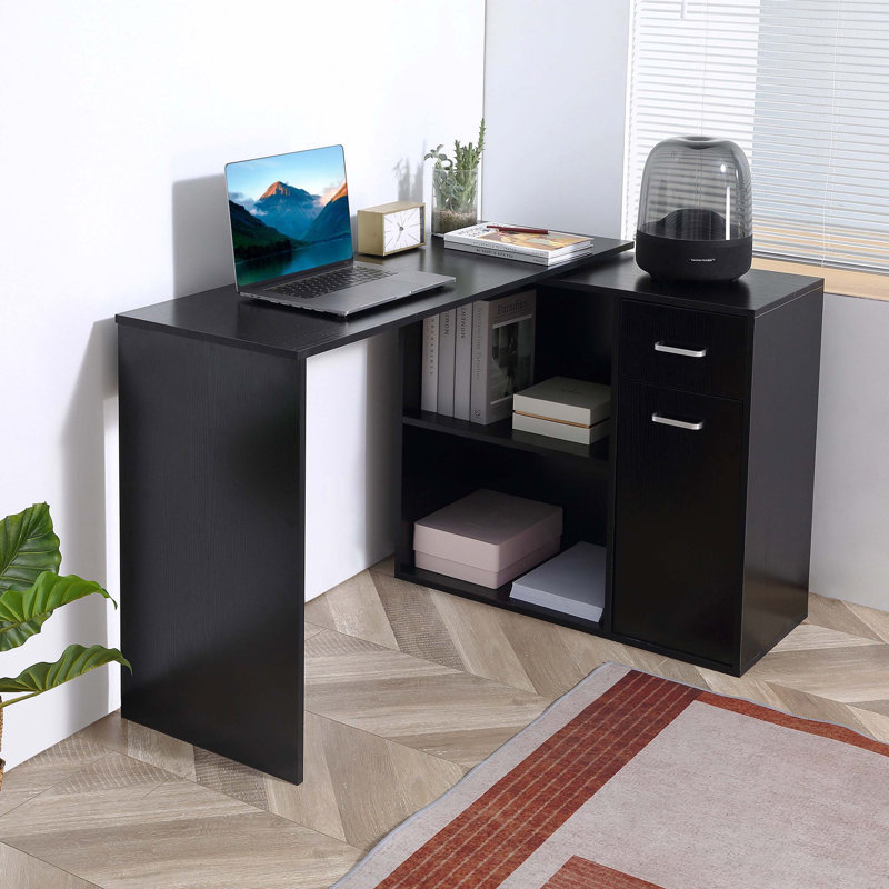 Bureau d'ordinateur de coin en L noir pivotant à 180 °, poste de travail avec tablettes indépendantes, tiroirs et armoire de rangement
