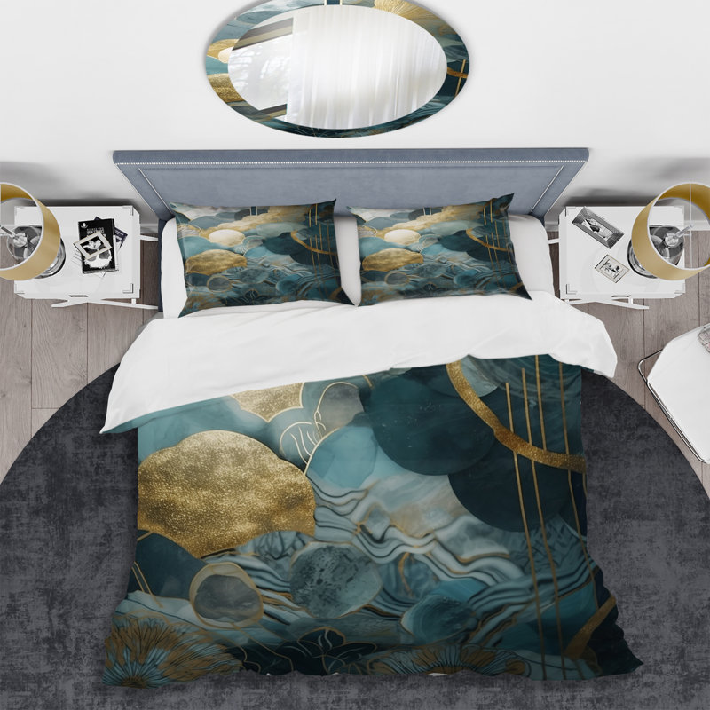 Ensemble de housse de couette en microfibre / polyester abstrait bleu et doré