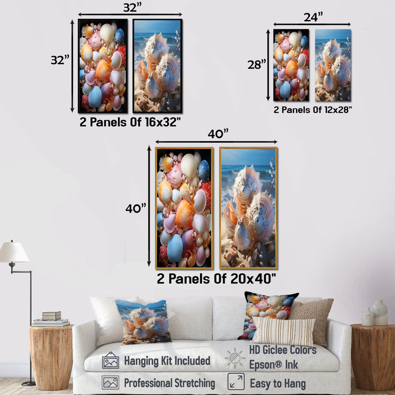 Seashells On Dreamy Tide - ensemble d'art mural en toile coquillage de 2, Cadre noir, H 28 po x l 25 po