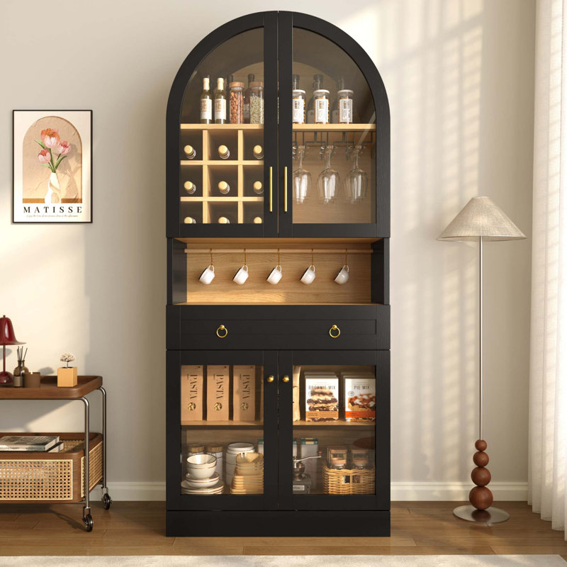 Bar arqué avec portes en verre trempé et beaucoup de rangement, Noir