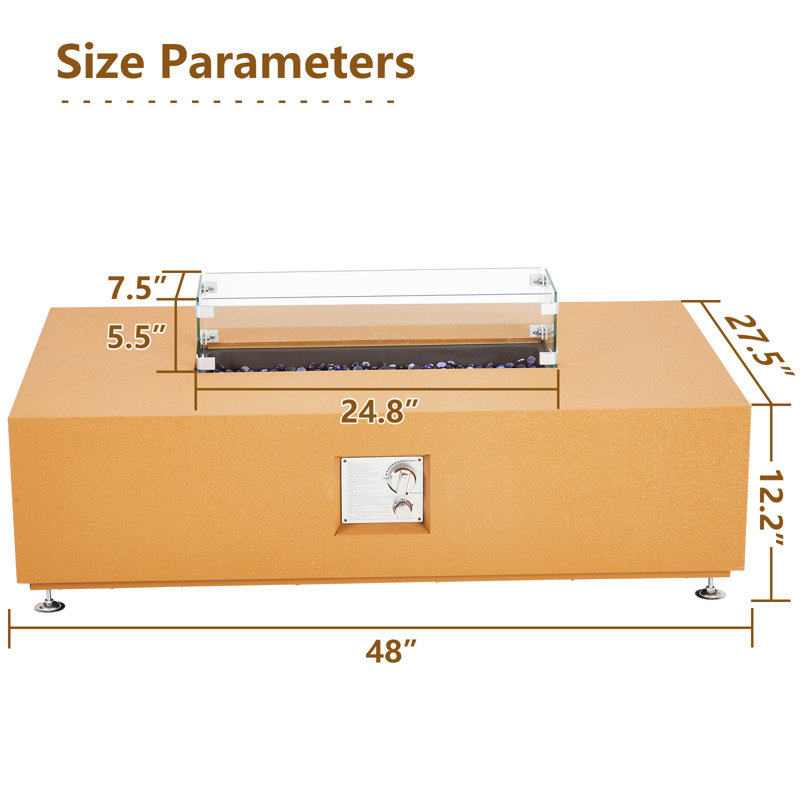Foyer de table rectangulaire au propane de 48 pouces, certifié CSA, foyer d'extérieur 50 000 BTU avec verre pare-vent, couvercle, couvercle imperméable pour jardin et jardin