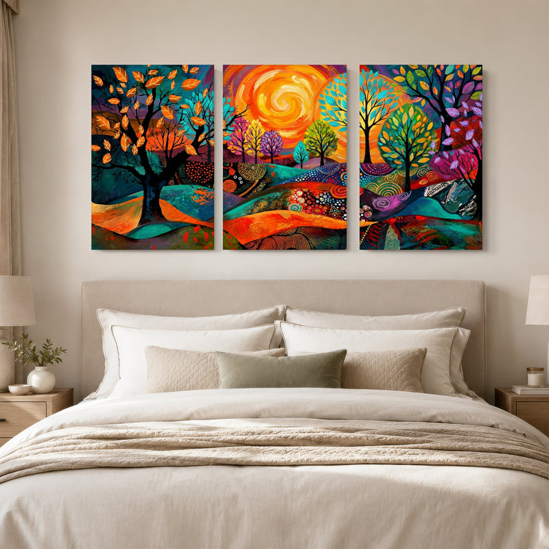 Ensemble de 3 toiles colorées et paysage tourbillonnant de ciel, H 18 po x l 12 po x 3 pièces