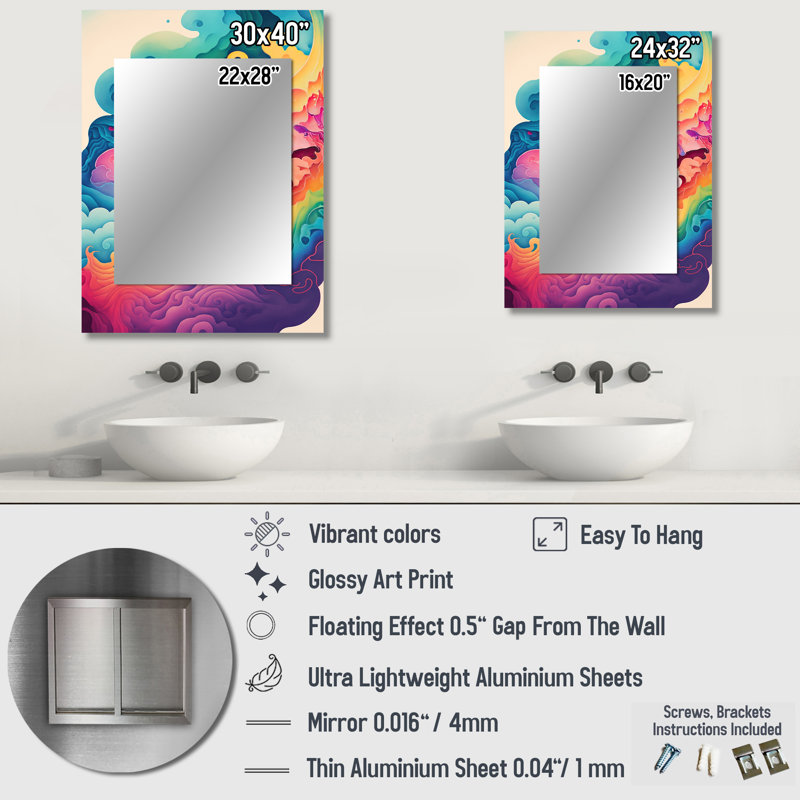 Multicolore Swirly Clouds VI - miroir spirales abstraites, miroir mural unique rose, impression d'art en métal, 32 po x 24 po