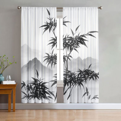 2 pièces rideaux en bambou délavé à l'encre, rideau filtrant la lumière de style chinois pour le salon, la chambre à coucher, la cuisine, la poche à tringle, la fenêtre, les rideaux