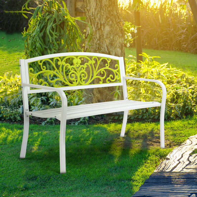 Banc d'extérieur en acier avec dossier jaune, Blanc