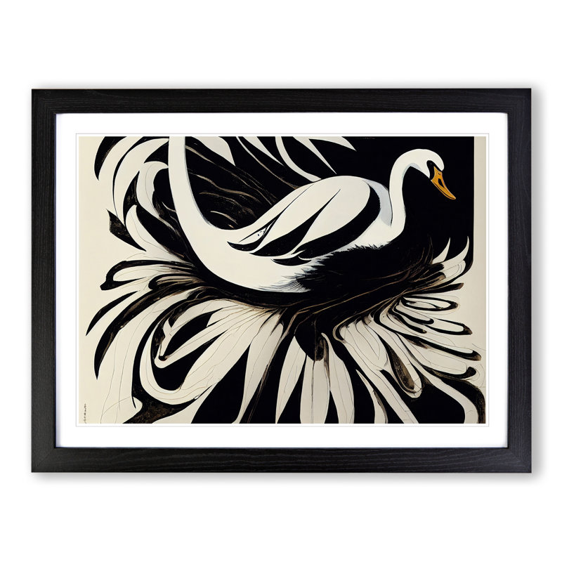Timeless Abstract Swan - Single Picture Frame Painting, 25cm H x 34cm W x 2cm D, Black
