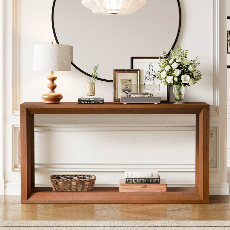 Console Table 60" Solid Wood Veneer Entryway Sofa Table, Sturdy Square Legs with Distressed Finish, Wide Behind Couch Table for Living Room & Hallway