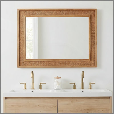 Yellowish Brown 24"x36" Rattan Rectangle Solid Wood Frame Decorative Mirror,For Farmhouse,Bathroom,Home Decor,Entryway