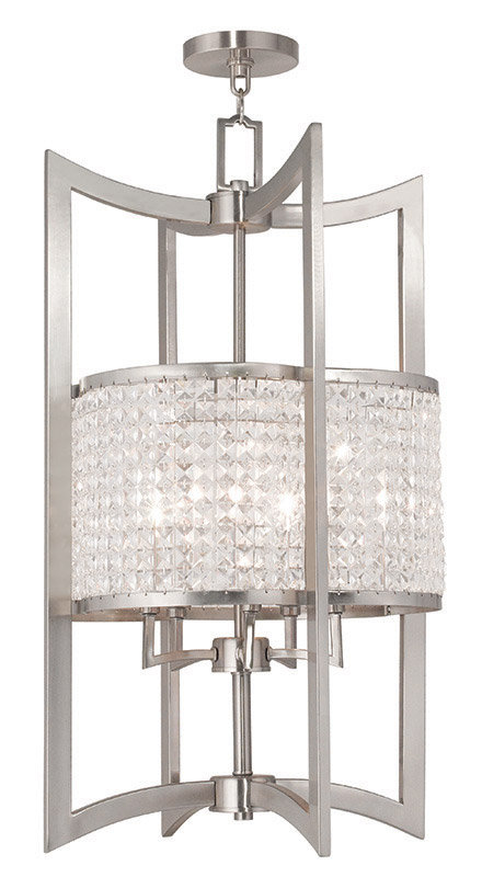 Palacial Lantern Pendant Lighting with Clear Crystals Shade - 5 Light Fixture., Brushed Nickel, 30.50" H x 17" W x 17" D