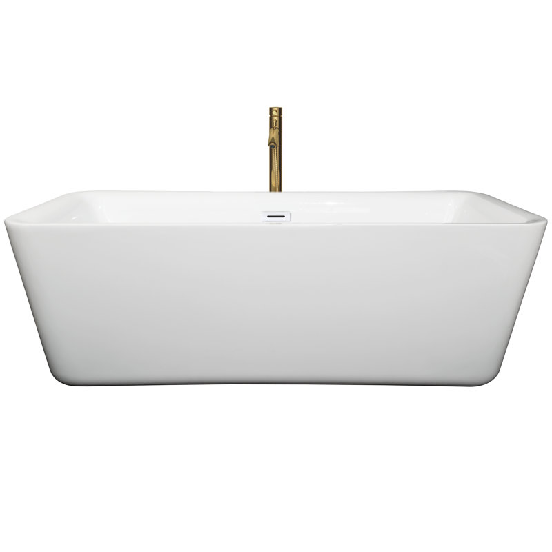 Emily 69'' x 30'' Soaking Acrylic Bathtub with Faucet, White/Shiny White/Brushed Gold