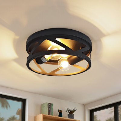 Plafonnier encastré industriel 2 lumières, luminaire tambour en métal noir, base E26, éclairage de ferme moderne près du couloir, chambre à coucher, cuisine