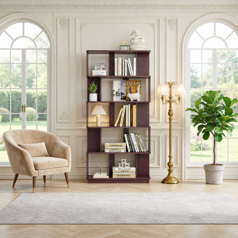 Bibliothèque moderne à 5 niveaux avec rangement ouvert, 31,5 po, Ox Blood Red