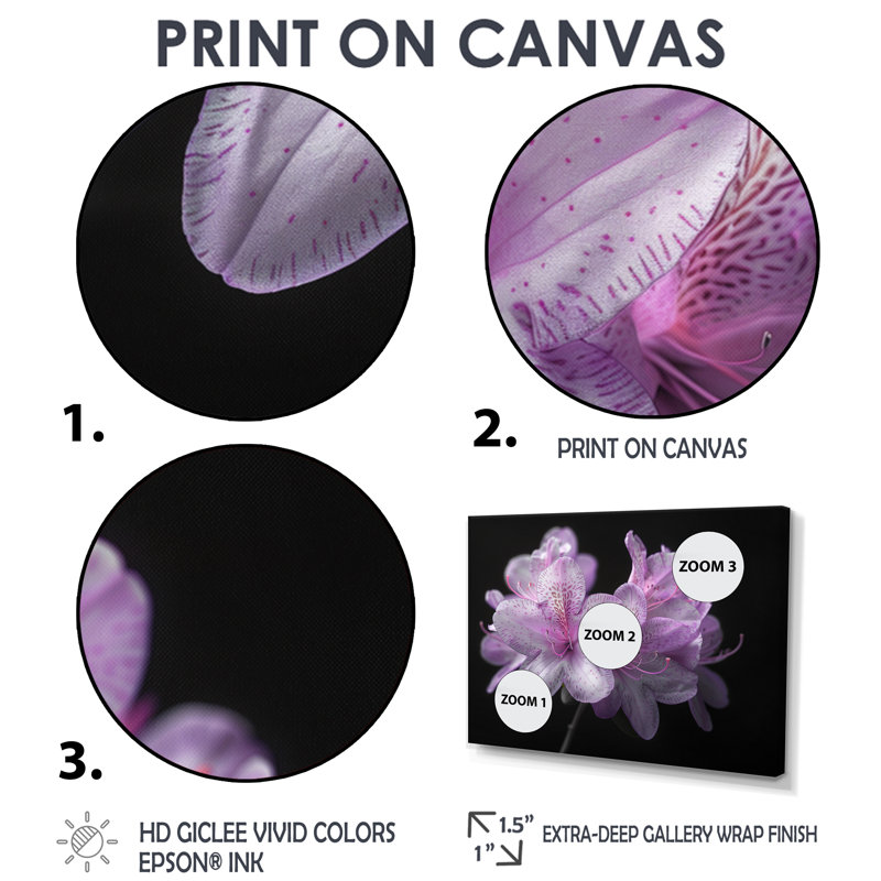 Ruchodendron mauve et noir soufflant vents - art mural rhododendron, H 40 po x l 60 po, Toile tendue