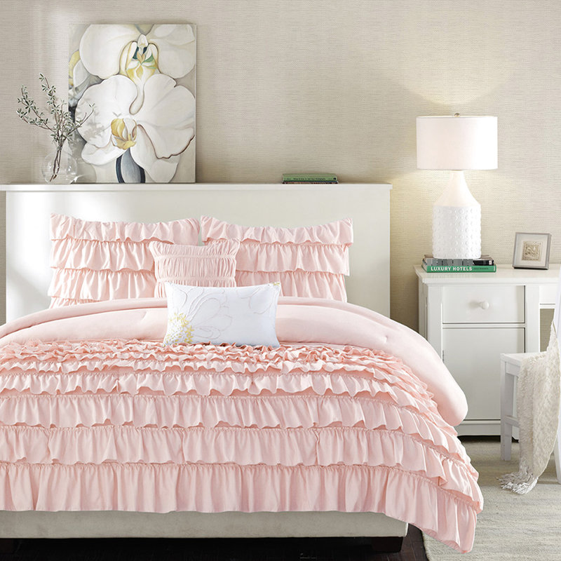 Blush Comforter With Ruffled Bottom Half And Fill Edge, Twin Comforter + 4 Additional Pieces