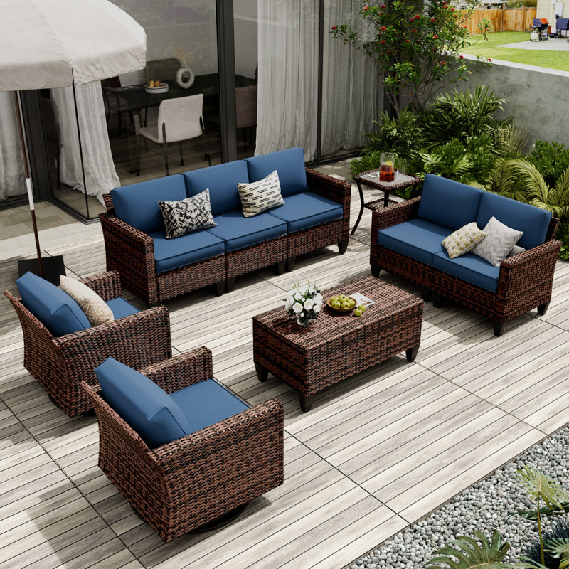 7 Person Sofa Set 6 Piece Outdoor Wicker Sofa With Swivel Rocking Chairs, Blue