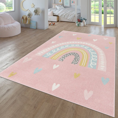 Tapis pour enfants avec arc-en-ciel et cœurs pour chambre de bébé aux couleurs pastel