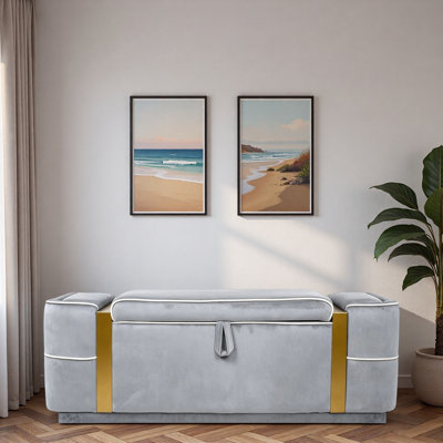 Modern Upholstered Ottoman Bench with Hidden Storage Compartment, Flip-top Design and Gold-Toned Metal Accent Strips