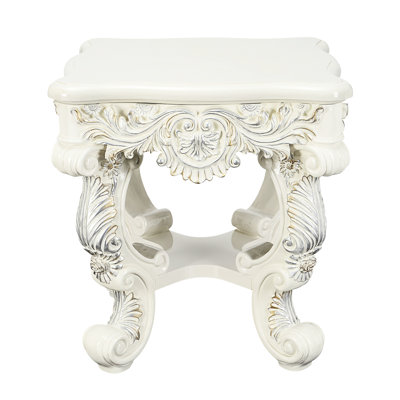 Table basse carrée avec table à bout et finition florale blanche antique