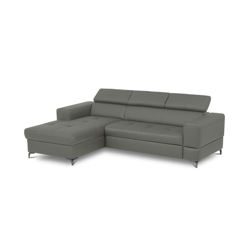 Tinos Genuine Leather Corner Sofa with Pull Out Bed with Storage and Adjustable Headrests, Left Hand Facing, Grey