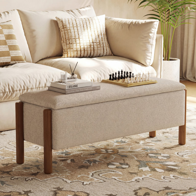 47'' Modern Upholstered Storage Bench With Walnut Wood Legs, Gray