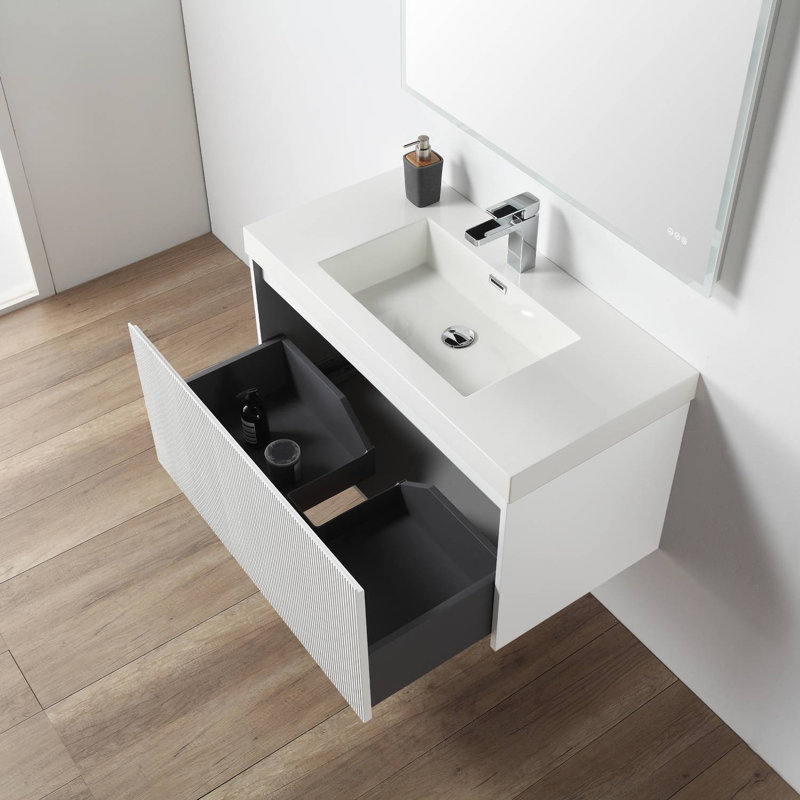 Meuble-lavabo flottant 36 po avec lavabo en acrylique Lovold - Armoire murale en bois avec façade cannelée, tiroirs à fermeture en douceur et design moderne