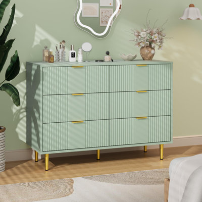 39.4" Fluted 6 Drawer Dresser with Metal Handles, Modern Wood Storage Chest for Bedroom