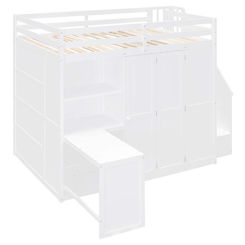 Lit mezzanine double avec garde-robe, bureau et tablettes