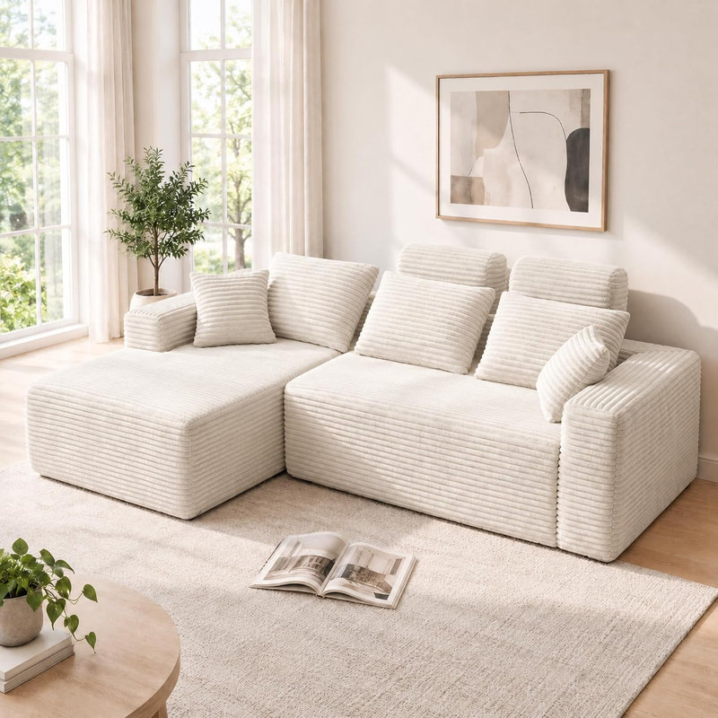 Canapé d'angle surdimensionné en forme de L, 244 cm (96 po), sans dossier haut, livré en un seul colis, avec 2 rallonges d'appuie-tête amovibles et assise profonde. Méridienne gauche en velours côtelé, beige.