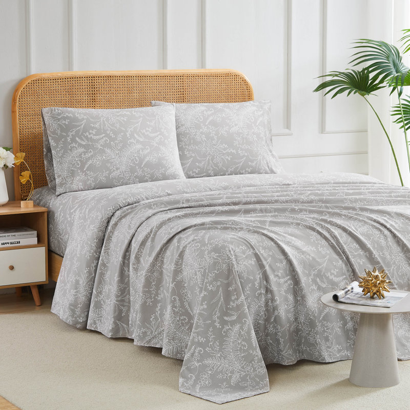 Ensemble de draps en microfibre Winter Brush, Simple, Gris acier / fleurs blanches