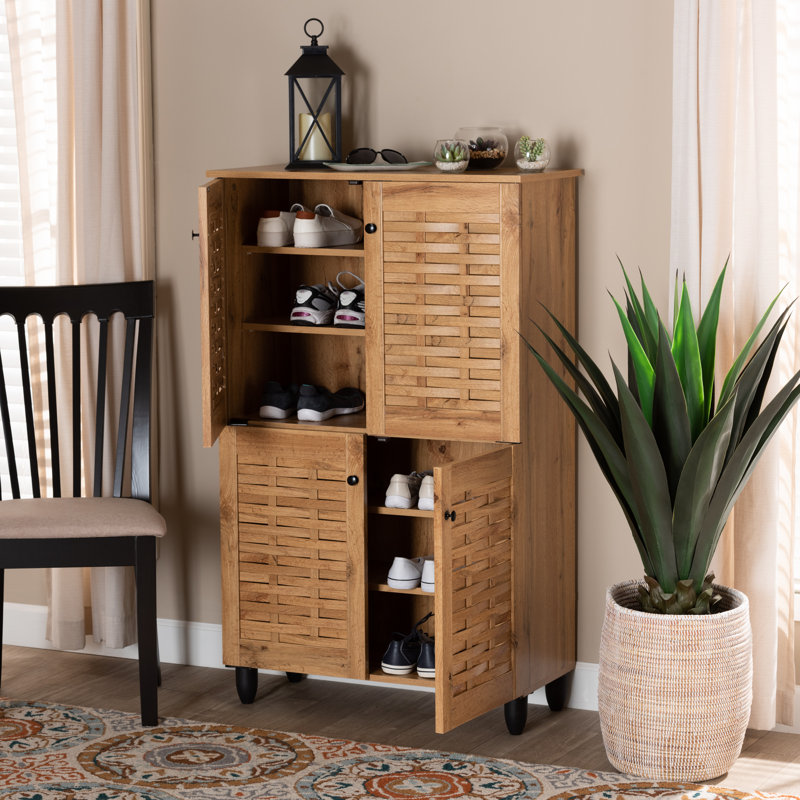 Winda Oak Brown 4-Door Wood Shoe Storage Cabinet