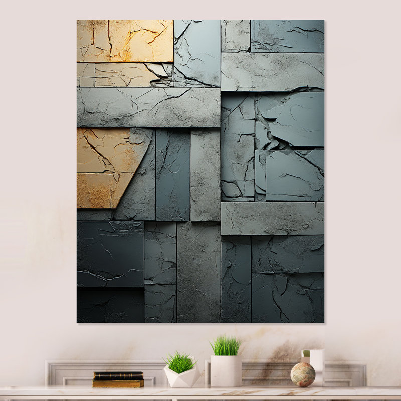 Gris et noir Urban Cubist Stones II - cubisme abstrait, impression murale en métal, H 20 po x l 12 po x P 1 po