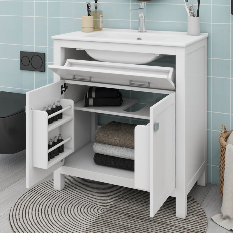 Ensemble de meuble-lavabo avec lavabo 30 po, tiroir inclinable et tablette réglable, Blanc / argenté