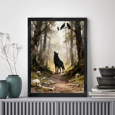 Art encadré noir, loup noir rétro, impression à la main