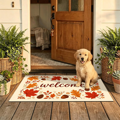 Tapis de porte antidérapant pour intérieur/extérieur, 61 x 91 cm, cadre « Bienvenue » en forme de feuille