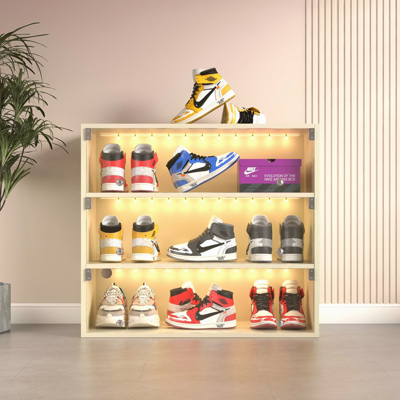 Boîte à chaussures à DEL avec trois couches et portes en verre, Blanc