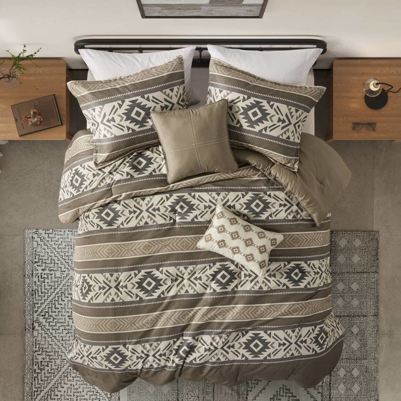 Full/Queen 5 Piece Stripe Herringbone Comforter With Brown Throw Pillows. Material, , Machine Washable And Spot Cleanable Fabric