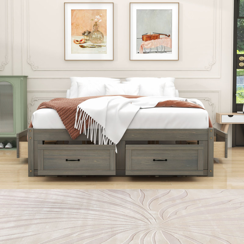 Lit plateforme en bois avec 6 tiroirs de rangement, Gris antique, Grand