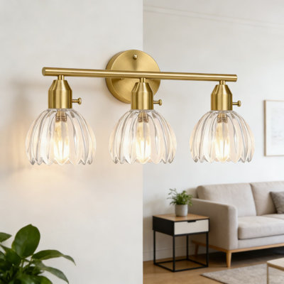 Luminaire mural pour meuble-lavabo 3 lumières avec abat-jour en verre tulipe transparent, finition plaquée or pour miroir de salle de bain, cuisine, salon et couloir